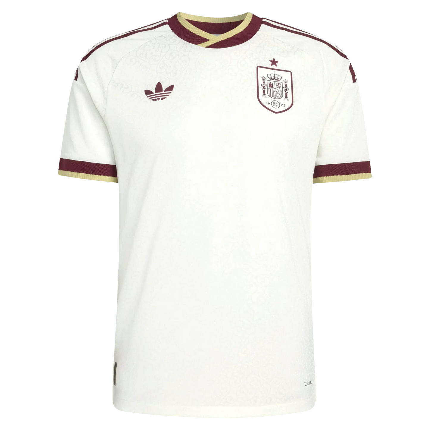 Flat lay of Spain Away stadium replica jersey front blank with team crest
