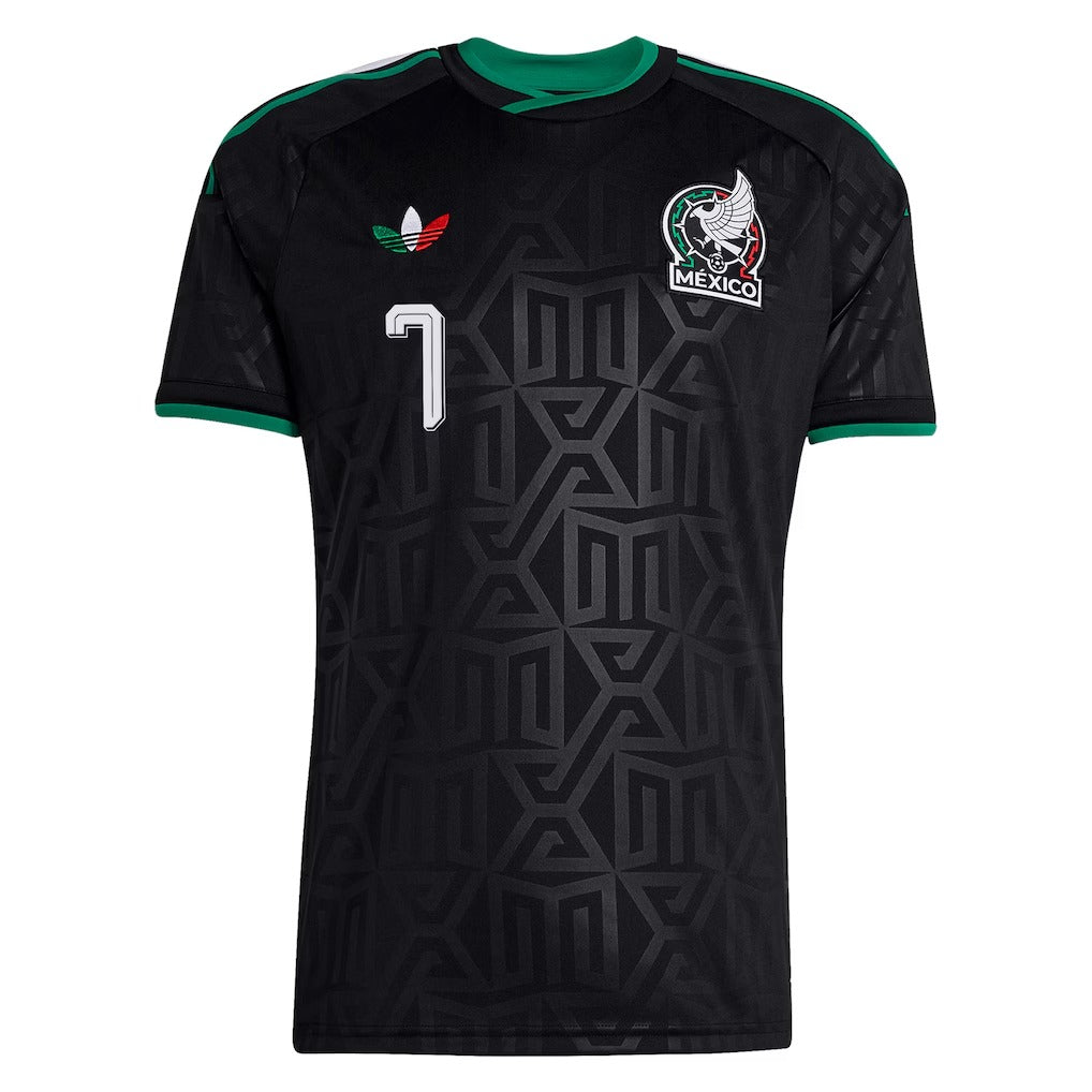 front view of Mexico national team 2026 third black soccer jersey with G. MORA #7 custom print