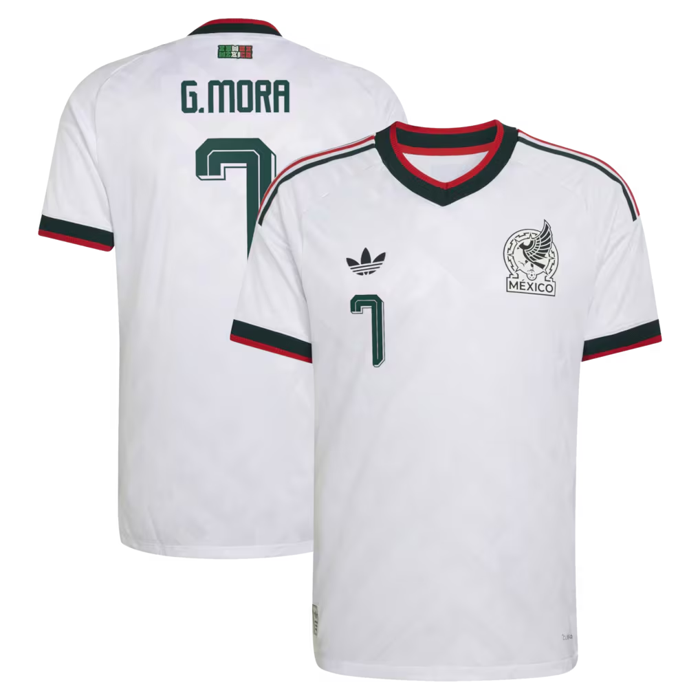 Mexico national team 2026 away white soccer jersey with G. MORA #7 custom print