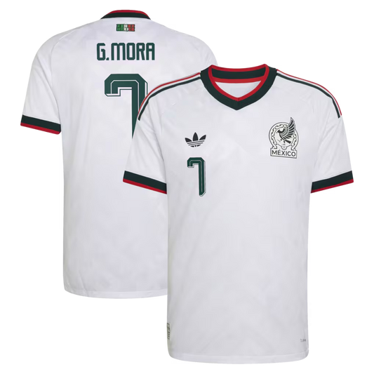 Mexico national team 2026 away white soccer jersey with G. MORA #7 custom print