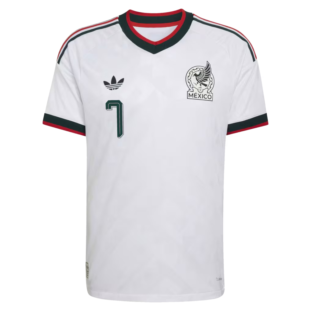 front view of Mexico national team 2026 away white soccer jersey with G. MORA #7 custom print