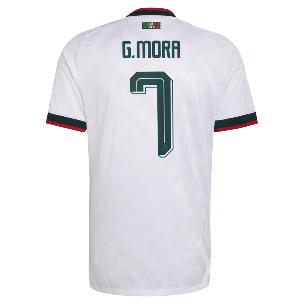 back view of Mexico national team 2026 away white soccer jersey with G. MORA #7 custom print