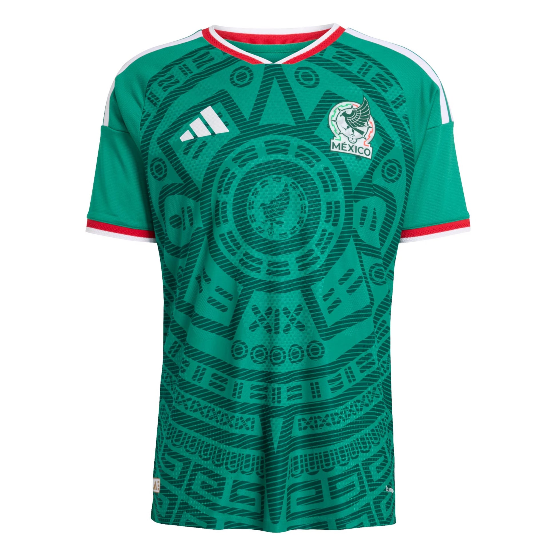 front view of Mexico national team 2026 soccer jersey green with Aztec graphic pattern