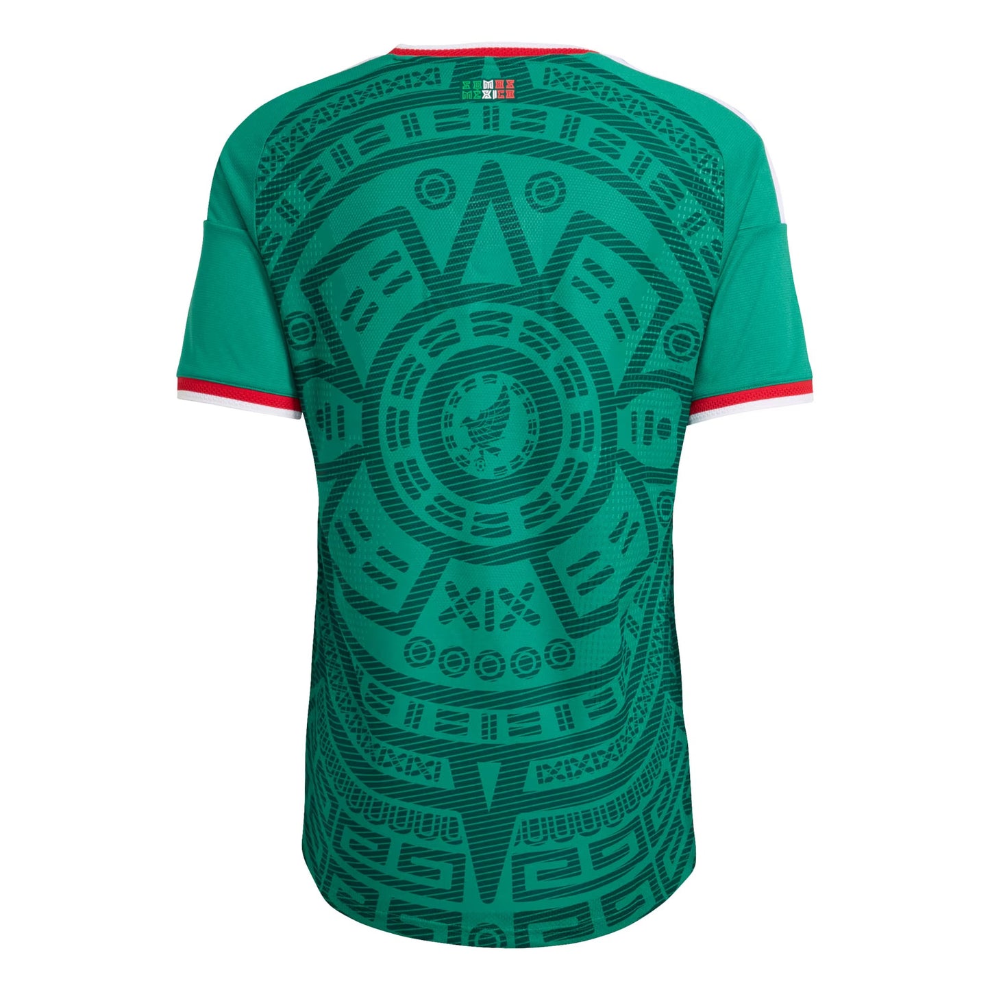 back view of Mexico national team 2026 soccer jersey green with Aztec graphic pattern