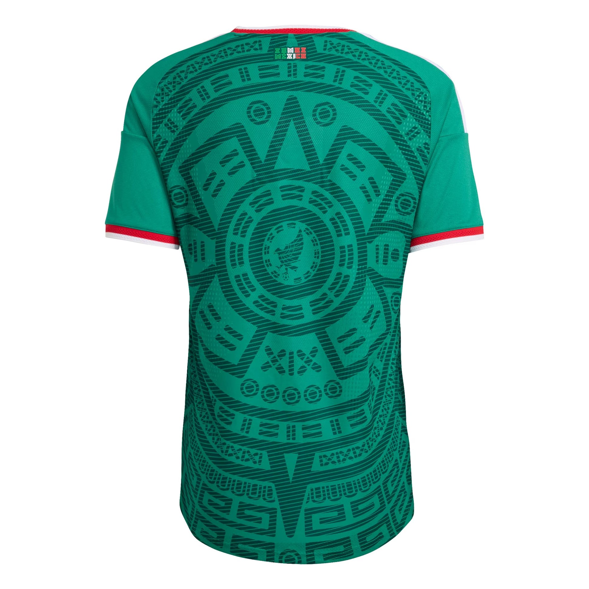 back view of Mexico national team 2026 soccer jersey green with Aztec graphic pattern