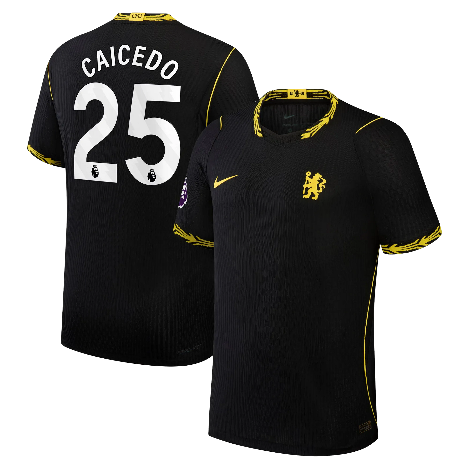 Front and back view of men's Chelsea 2026-2027 away black match authentic jersey featuring Moisés Caicedo by Final Third Kit