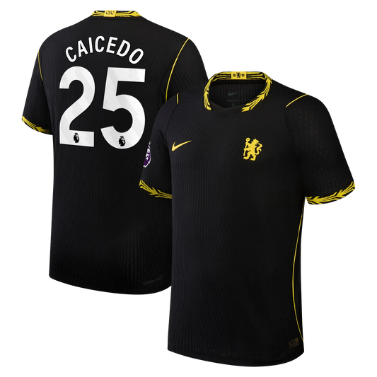 Front and back view of men's Chelsea 2026-2027 away black match authentic jersey featuring Moisés Caicedo by Final Third Kit