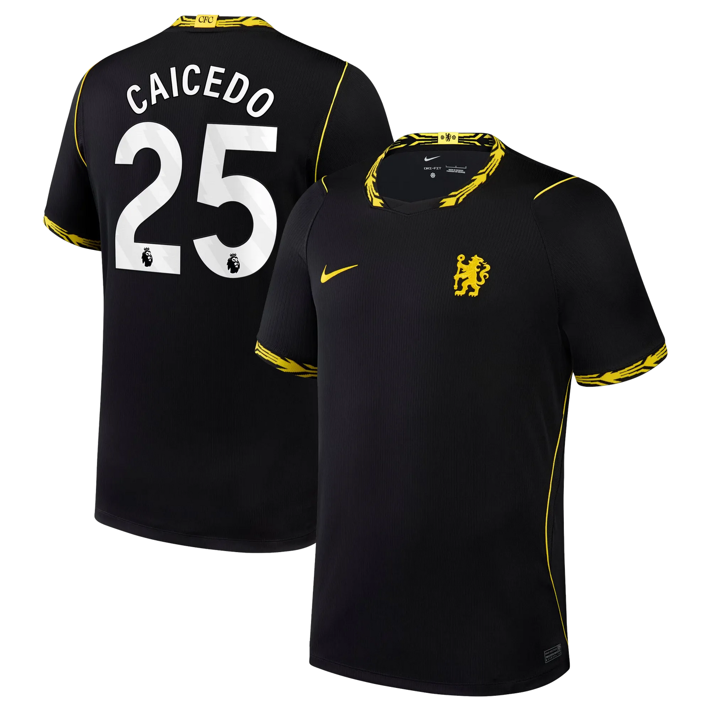 Front and back view of men's Chelsea 2026-2027 away black stadium replica jersey featuring Moisés Caicedo by Final Third Kit