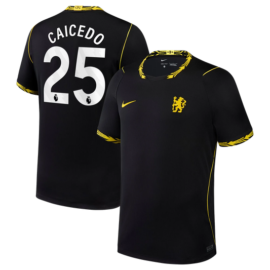 Front and back view of men's Chelsea 2026-2027 away black stadium replica jersey featuring Moisés Caicedo by Final Third Kit
