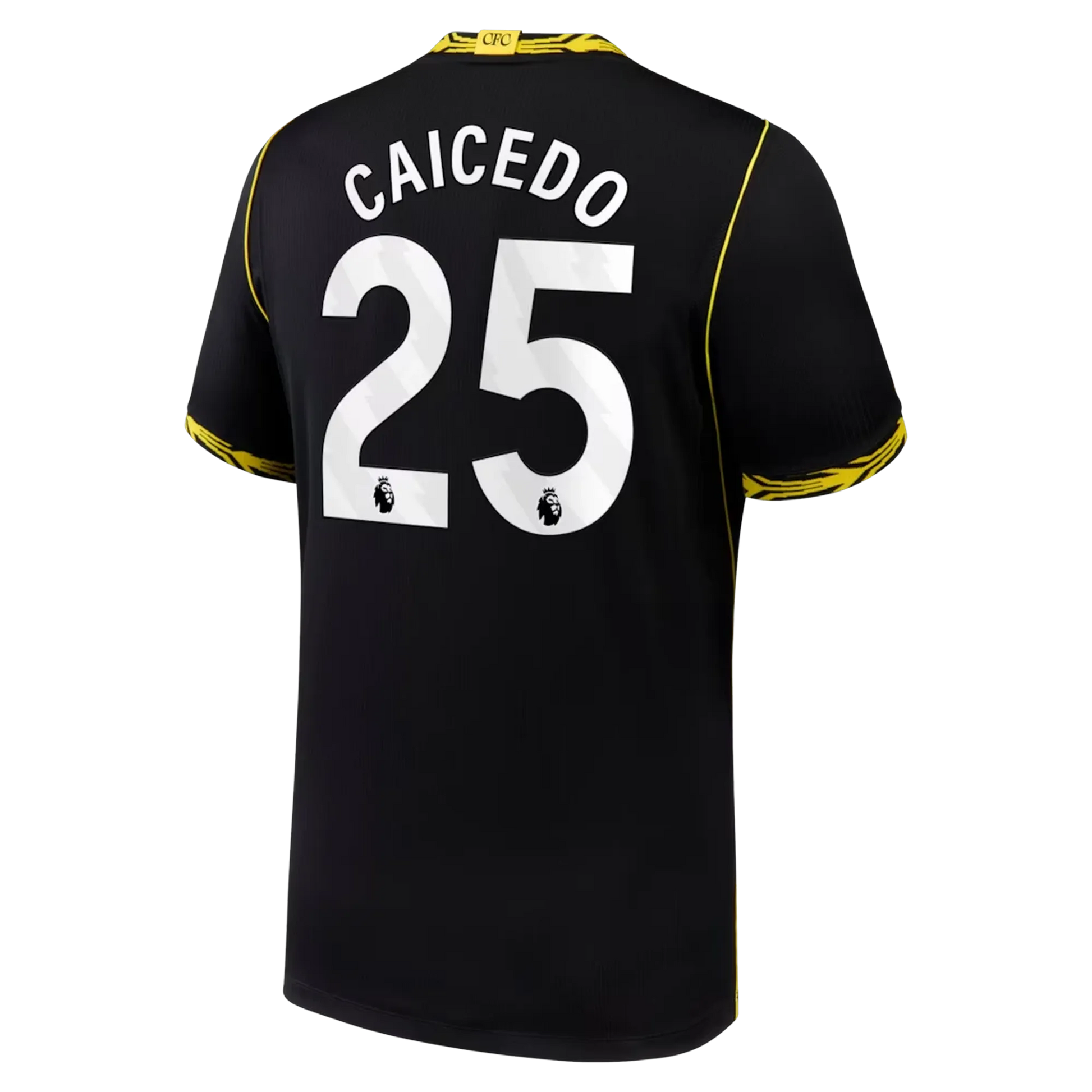 Back view of men's Chelsea 2026-2027 away black football shirt with Moisés Caicedo name and number printing by Final Third Kit