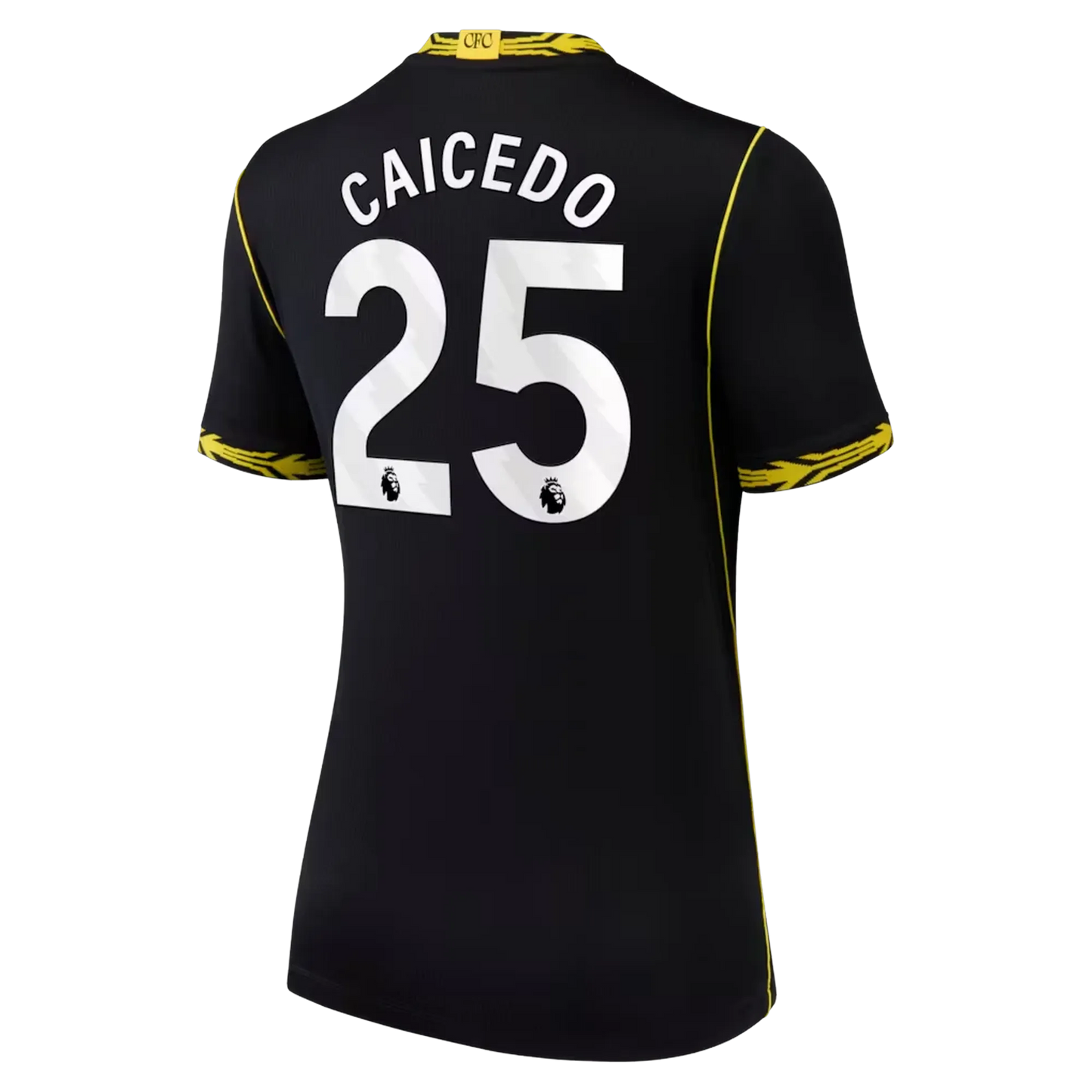 Back view of women's Chelsea 2026-2027 away black football shirt with Moisés Caicedo name and number printing by Final Third Kit