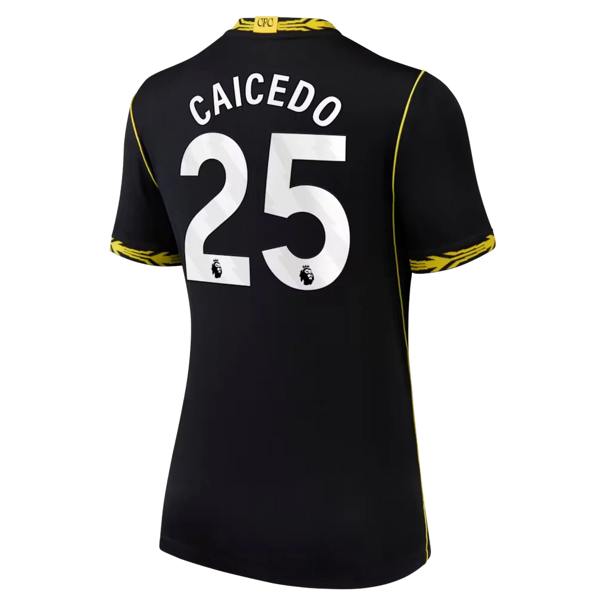 Back view of women's Chelsea 2026-2027 away black football shirt with Moisés Caicedo name and number printing by Final Third Kit