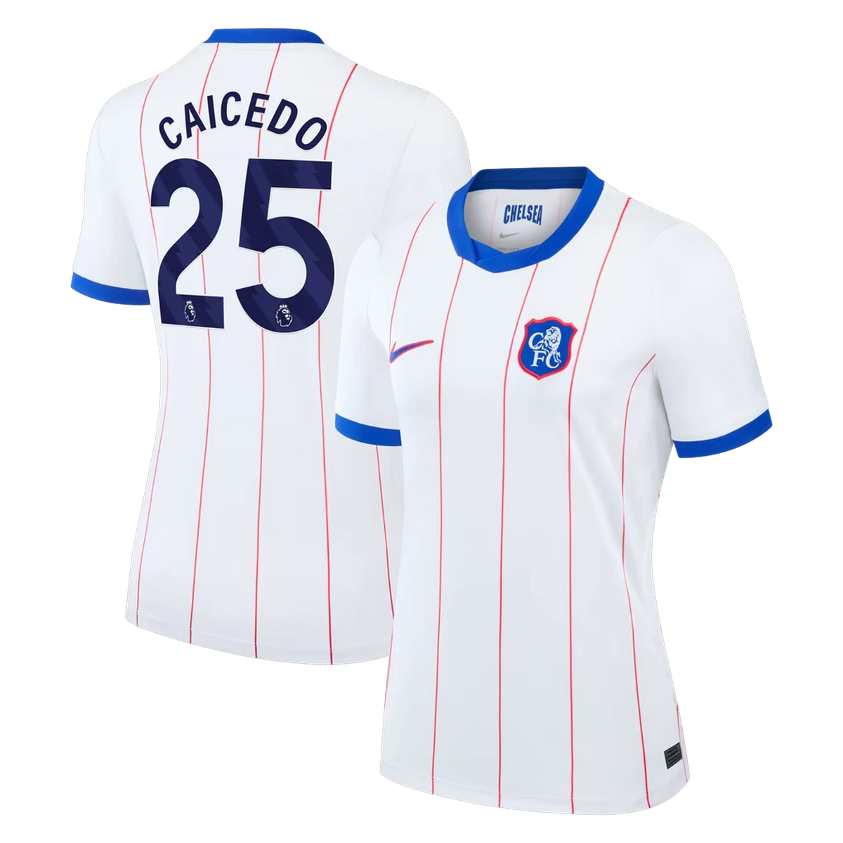 Front and back view of women's Chelsea 2026-2027 third white stadium replica jersey featuring Moisés Caicedo by Final Third Kit