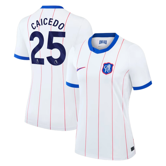 Front and back view of women's Chelsea 2026-2027 third white stadium replica jersey featuring Moisés Caicedo by Final Third Kit