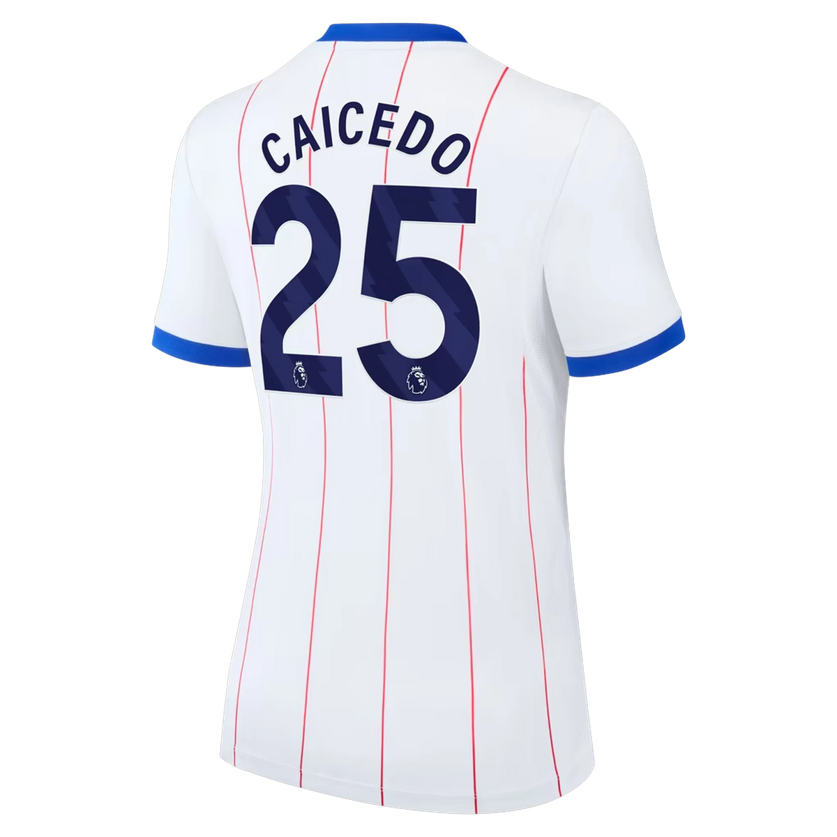 Back view of women's Chelsea 2026-2027 third white stadium replica football shirt with Moisés Caicedo name and number 25 printing by Final Third Kit