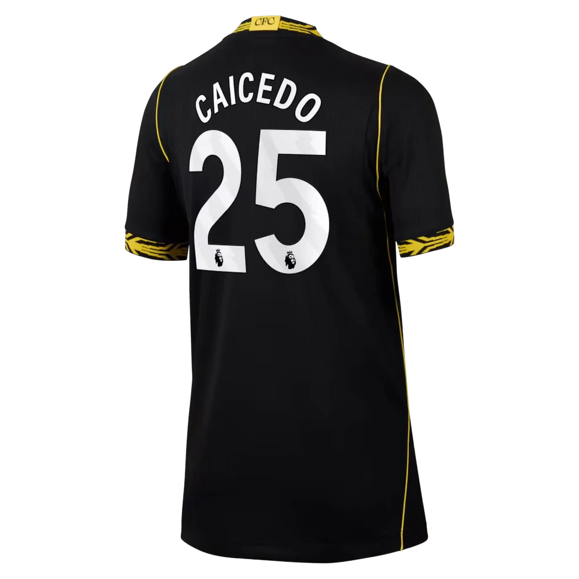 Back view of youth Chelsea 2026-2027 away black football shirt with Moisés Caicedo name and number printing by Final Third Kit
