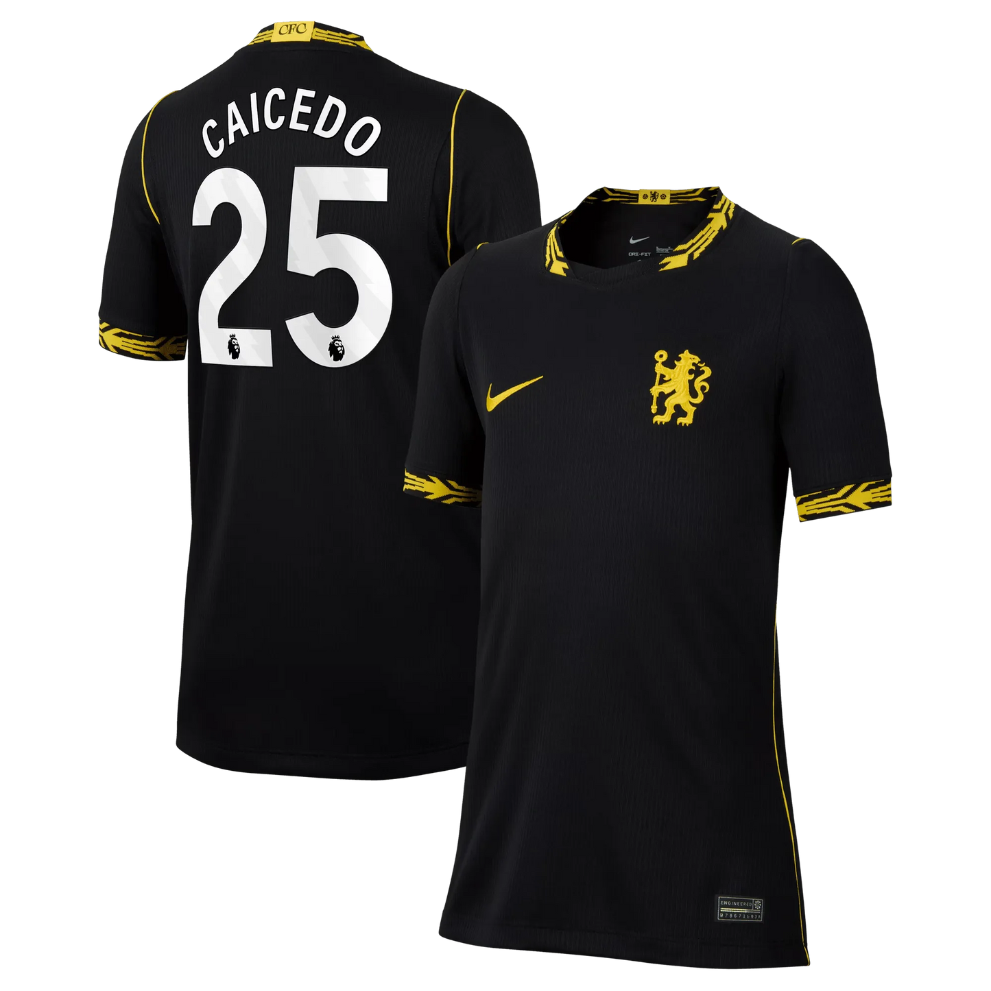Front and back view of youth Chelsea 2026-2027 away black stadium replica jersey featuring Moisés Caicedo by Final Third Kit