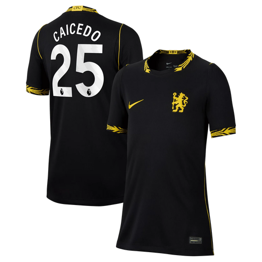 Front and back view of youth Chelsea 2026-2027 away black stadium replica jersey featuring Moisés Caicedo by Final Third Kit