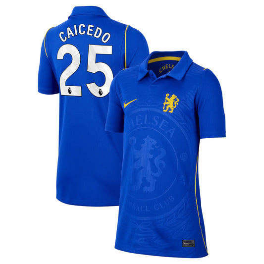 Front and back view of youth Chelsea 2026-2027 home blue stadium replica jersey featuring Moisés Caicedo by Final Third Kit