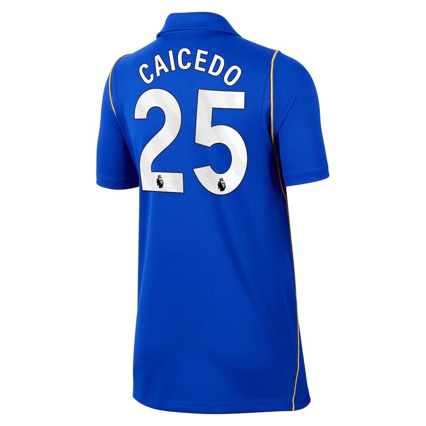 Back view of youth Chelsea 2026-2027 home blue football shirt with Moisés Caicedo name and number printing by Final Third Kit