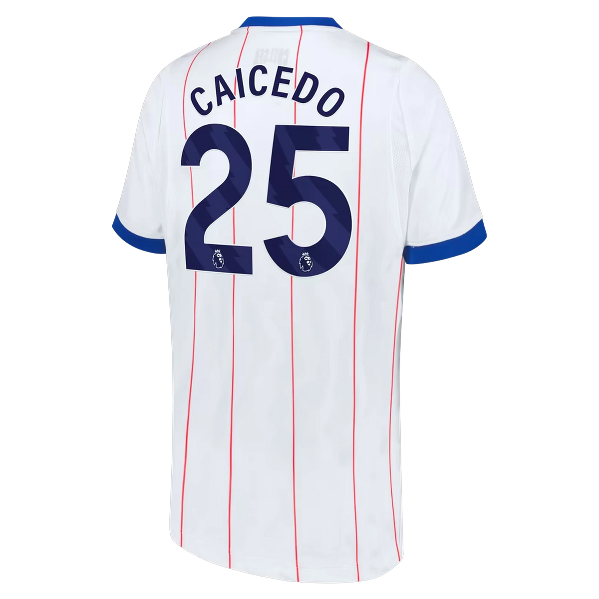 Back view of youth Chelsea 2026-2027 third white stadium replica football shirt with Moisés Caicedo name and number 25 printing by Final Third Kit