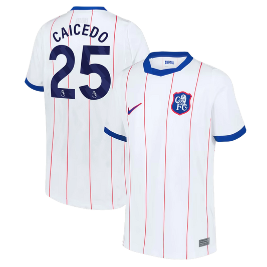 Front and back view of youth Chelsea 2026-2027 third white stadium replica jersey featuring Moisés Caicedo by Final Third Kit
