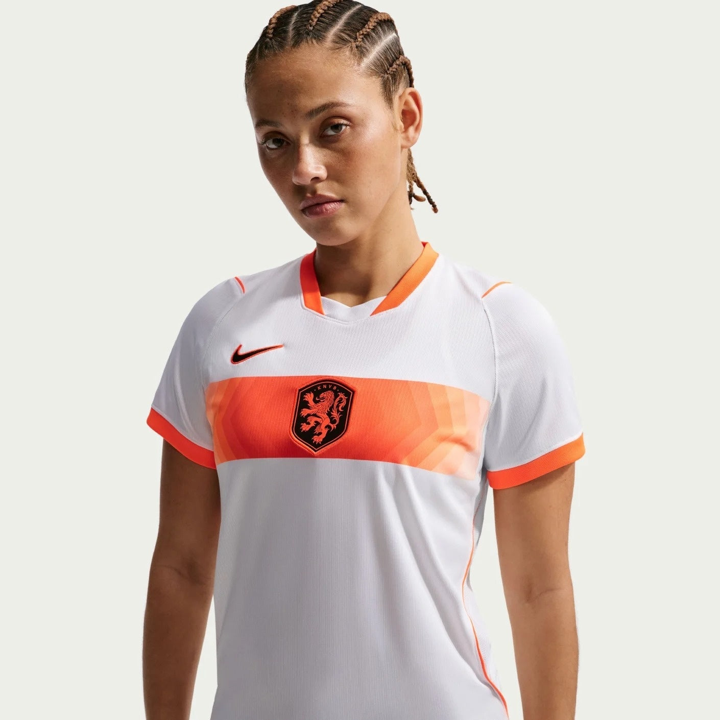 Model wearing a Women's Netherlands 2026 World Cup Away Stadium Replica Jersey 