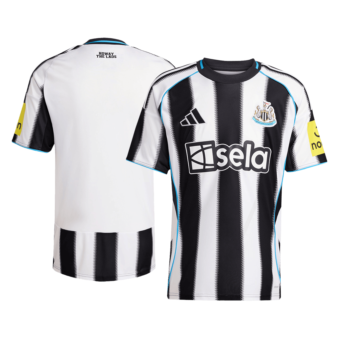 Newcastle United 2025/26 home custom jersey front and back combined view with black and white stripes on front, blank back ready for personalization