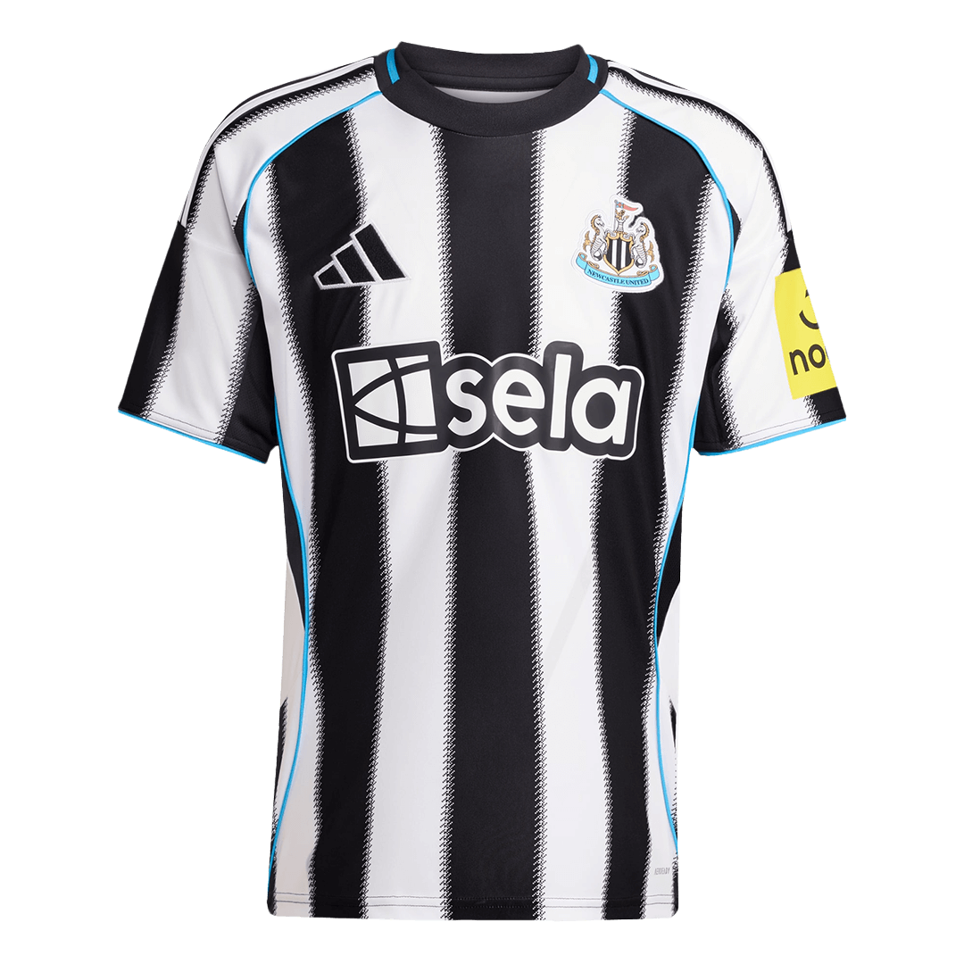 Flat lay of Newcastle United home custom jersey front with black and white vertical stripes and club crest
