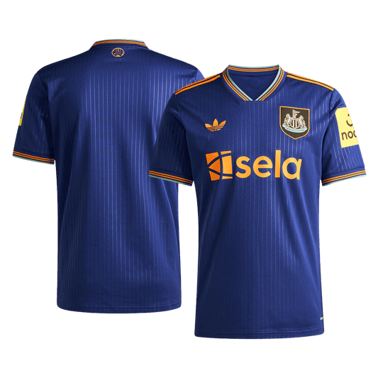 Newcastle United 2025/26 third custom jersey front and back combined view with green base and white horizontal stripes on front, blank back ready for personalization