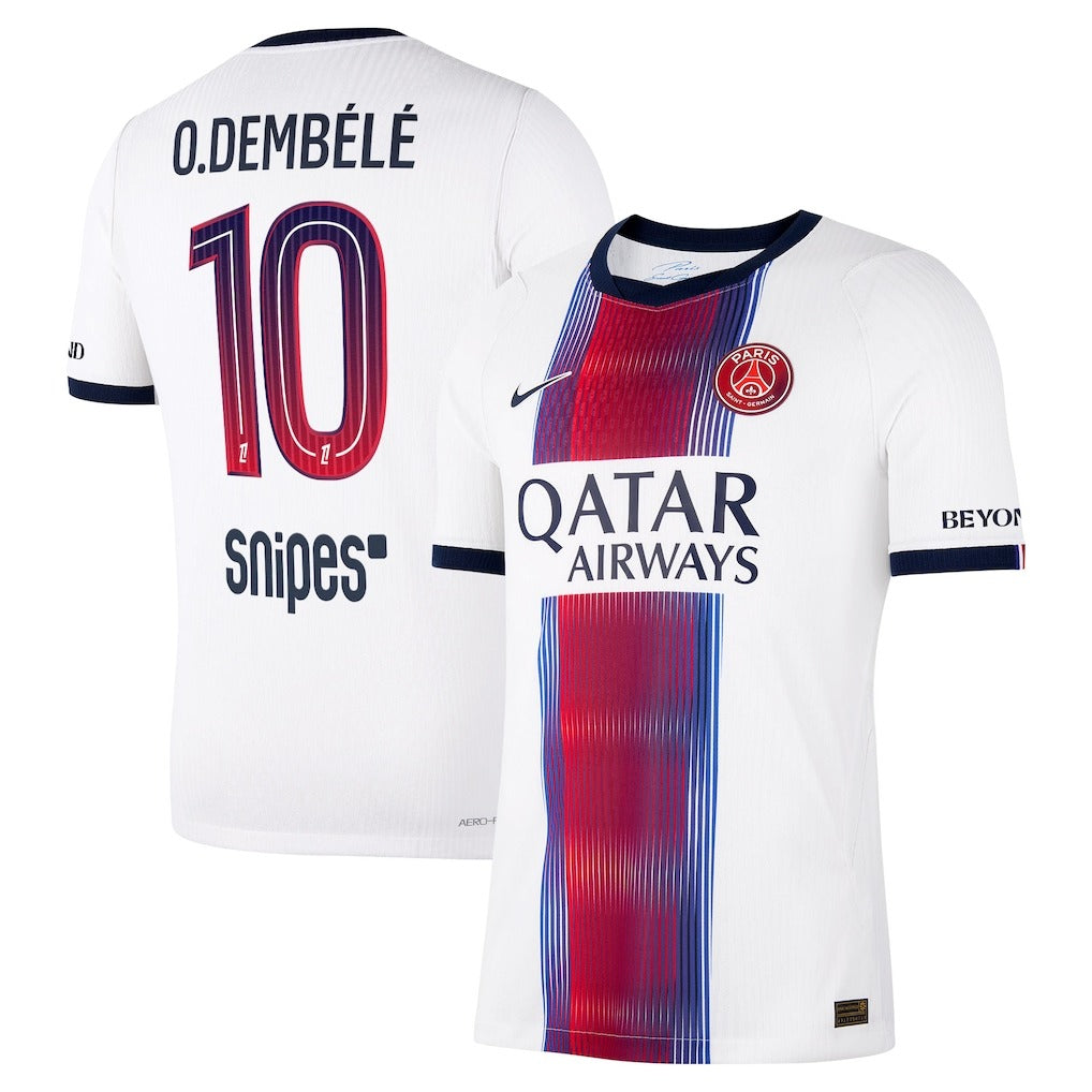 Front and back view of men's Paris Saint-Germain 2026-2027 away white stadium replica jersey featuring O. Dembélé by Final Third Kit