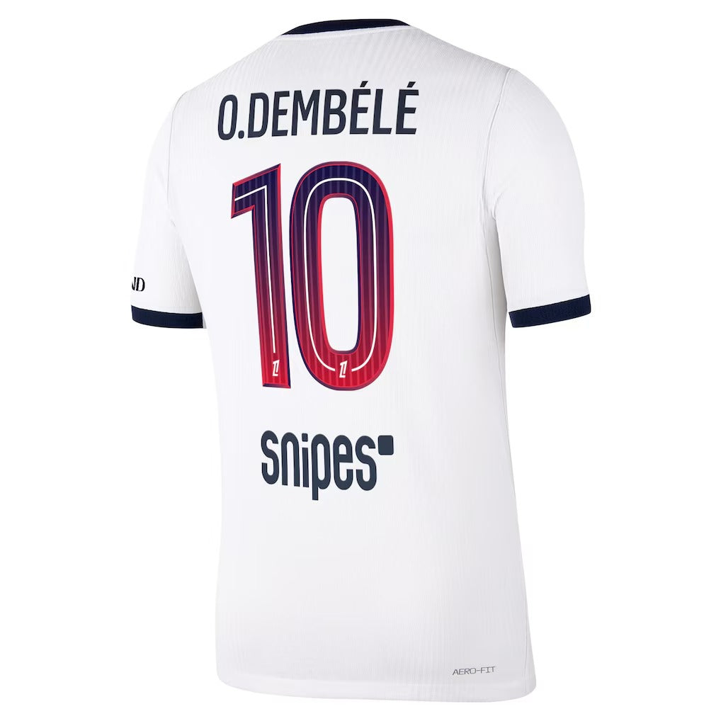 Back view of men's Paris Saint-Germain 2026-2027 away white match authentic football shirt with O. Dembélé name and number 10 printing by Final Third Kit