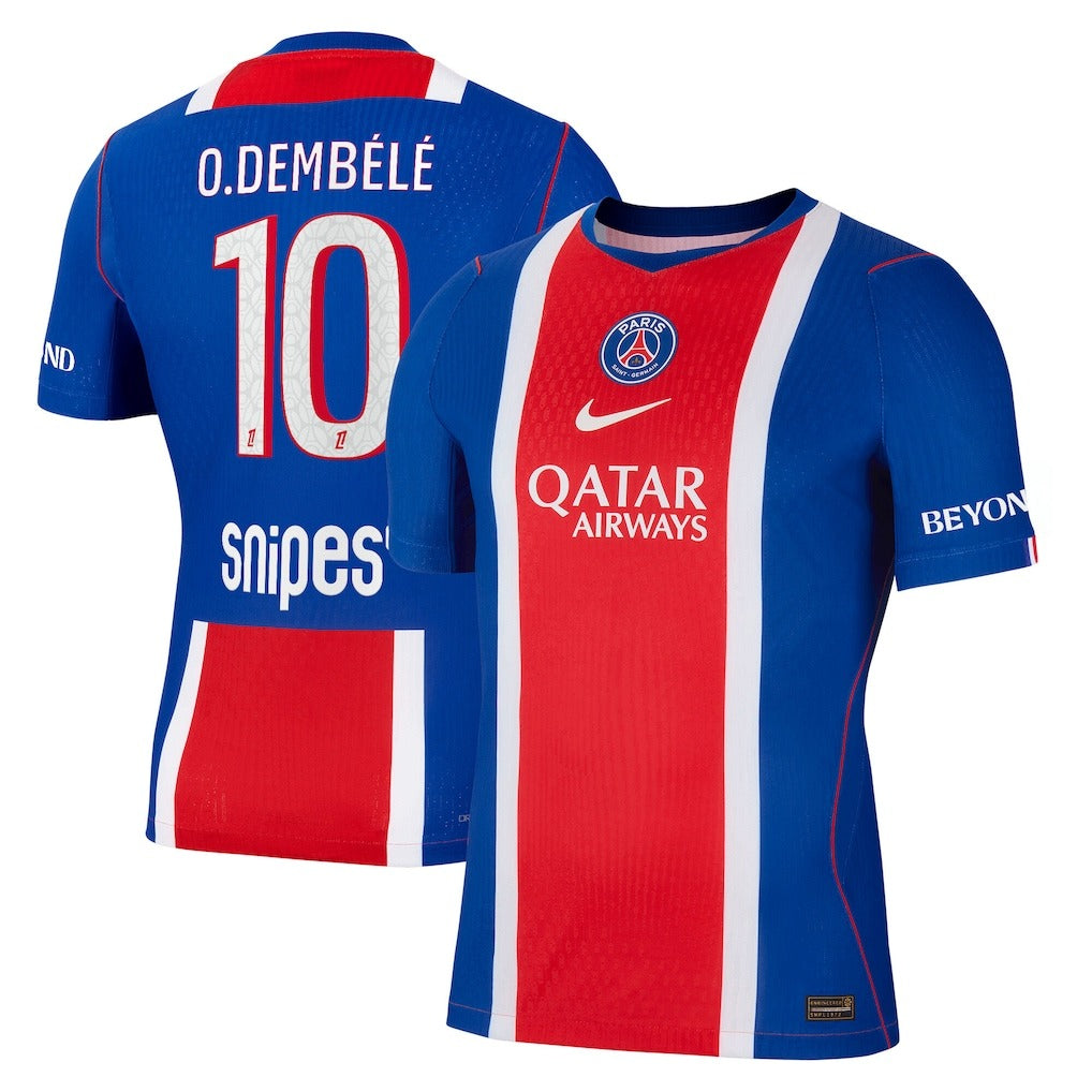 Front and back view of men's Paris Saint-Germain 2026-2027 home blue match authentic jersey featuring O. Dembélé by Final Third Kit
