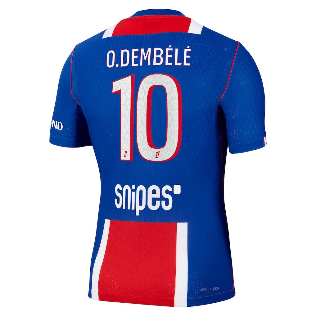 Back view of men's Paris Saint-Germain 2026-2027 home blue match authentic football shirt with O. Dembélé name and number 10 printing by Final Third Kit