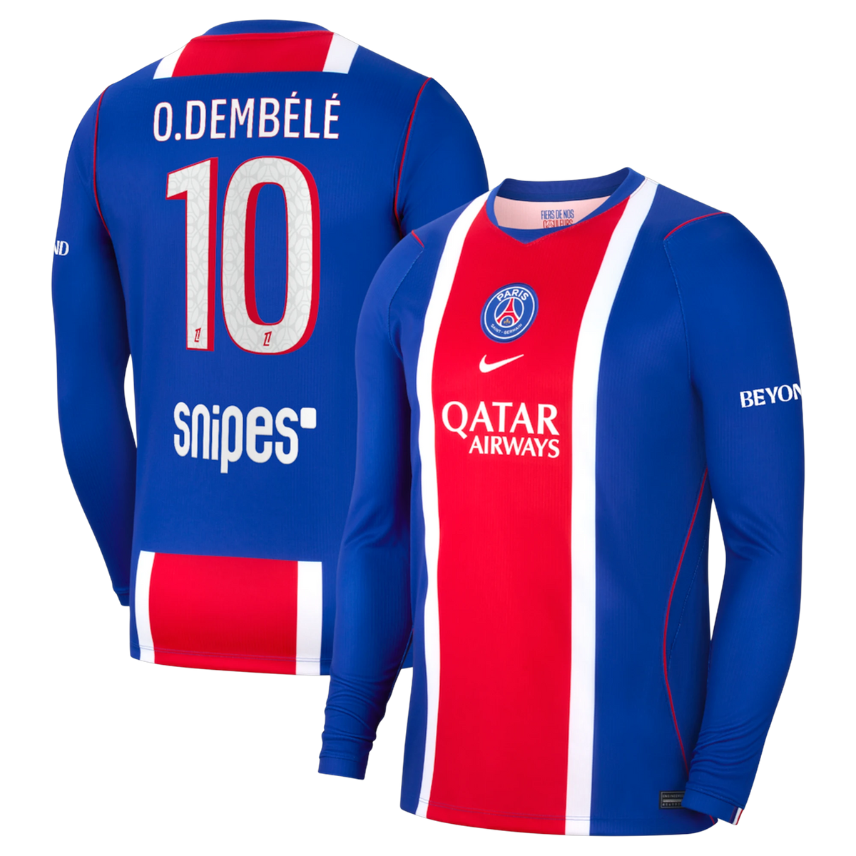 Front and back view of men's Paris Saint-Germain 2026-2027 home blue stadium replica long sleeve jersey featuring O. Dembélé by Final Third Kit