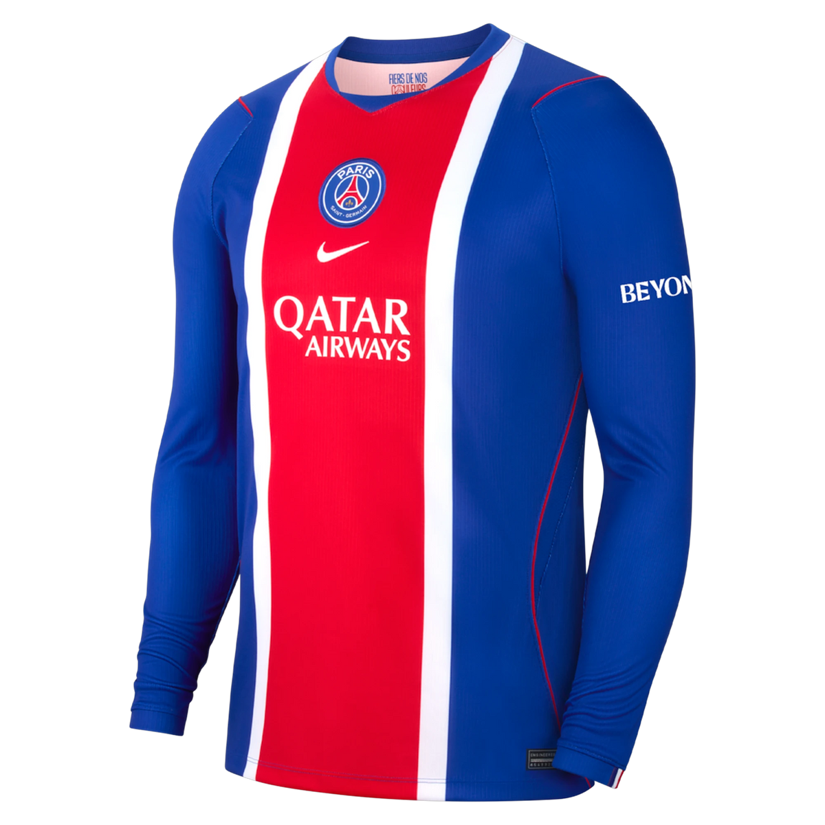Front view of men's Paris Saint-Germain 2026-2027 home blue stadium replica long sleeve soccer jersey by Final Third Kit