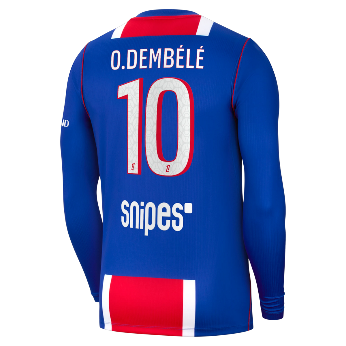 Back view of men's Paris Saint-Germain 2026-2027 home blue stadium replica long sleeve football shirt with O. Dembélé name and number 10 printing by Final Third Kit