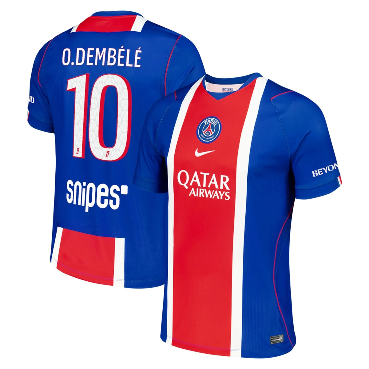 Front and back view of men's Paris Saint-Germain 2026-2027 home blue stadium replica jersey featuring O. Dembélé by Final Third Kit
