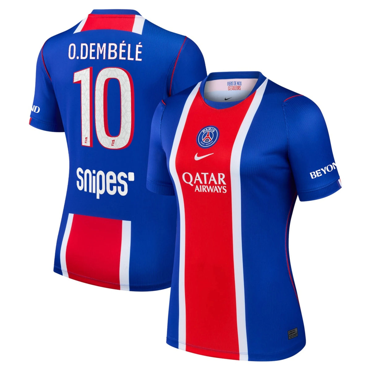 Front and back view of women's Paris Saint-Germain 2026-2027 home blue stadium replica custom jersey featuring O. Dembélé by Final Third Kit