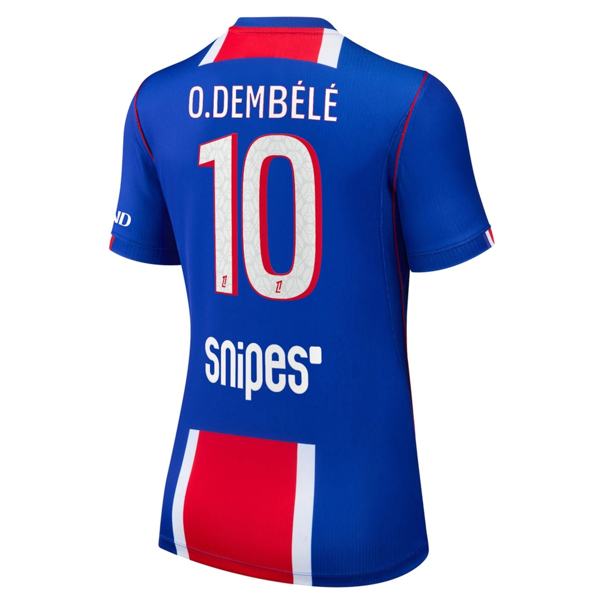Back view of women's Paris Saint-Germain 2026-2027 home blue stadium replica football shirt with O. Dembélé name and number 10 printing by Final Third Kit
