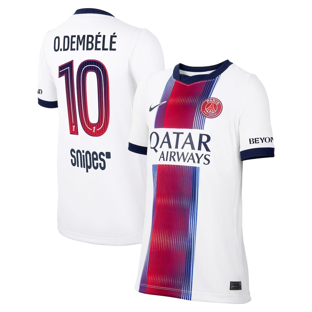 Front and back view of youth Paris Saint-Germain 2026-2027 away white stadium replica custom jersey featuring O. Dembélé by Final Third Kit