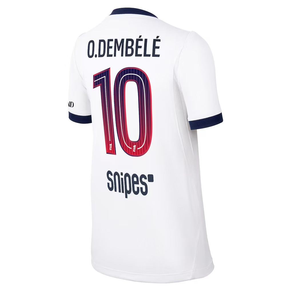 Back view of youth Paris Saint-Germain 2026-2027 away white stadium replica football shirt with O. Dembélé name and number 10 printing by Final Third Kit