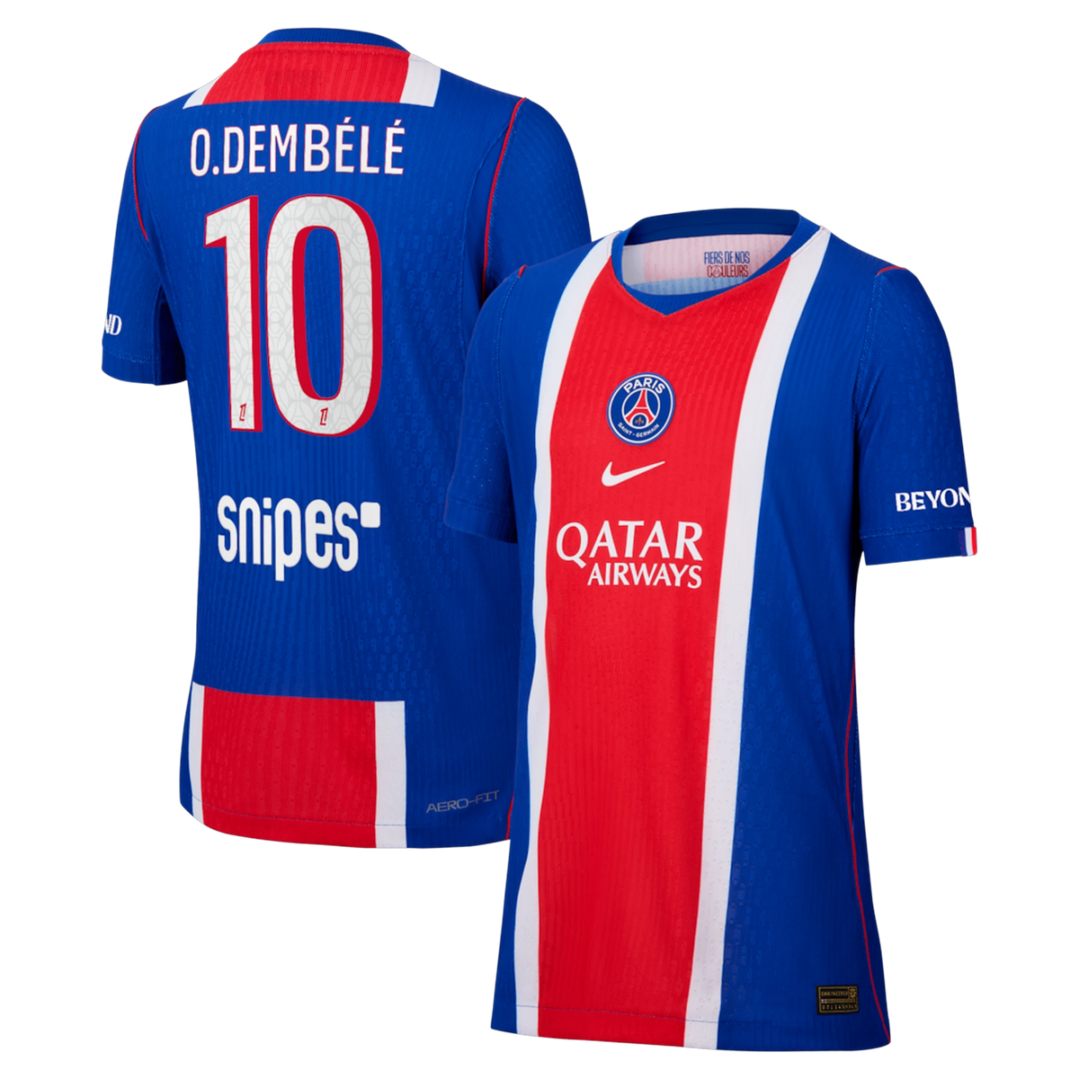 Front and back view of youth Paris Saint-Germain 2026-2027 home blue stadium replica custom jersey featuring O. Dembélé by Final Third Kit