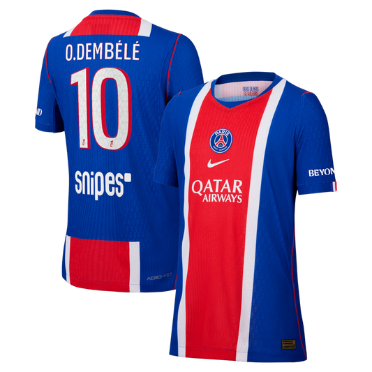 Front and back view of youth Paris Saint-Germain 2026-2027 home blue stadium replica custom jersey featuring O. Dembélé by Final Third Kit