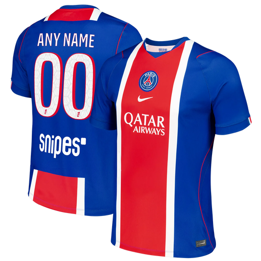 Front and back view of Paris Saint-Germain 2026-2027 home blue stadium replica custom jersey by Final Third Kit