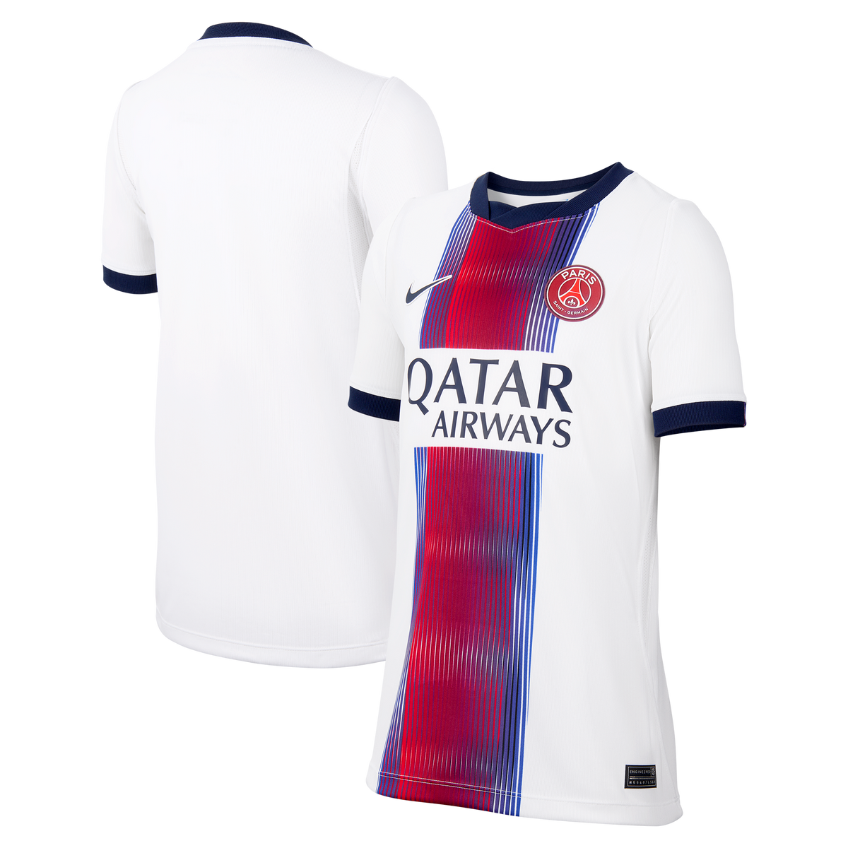 Front and back view of youth Paris Saint-Germain 2026-2027 away white stadium replica jersey by Final Third Kit