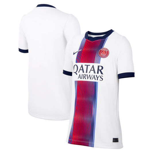 Front and back view of youth Paris Saint-Germain 2026-2027 away white stadium replica jersey by Final Third Kit
