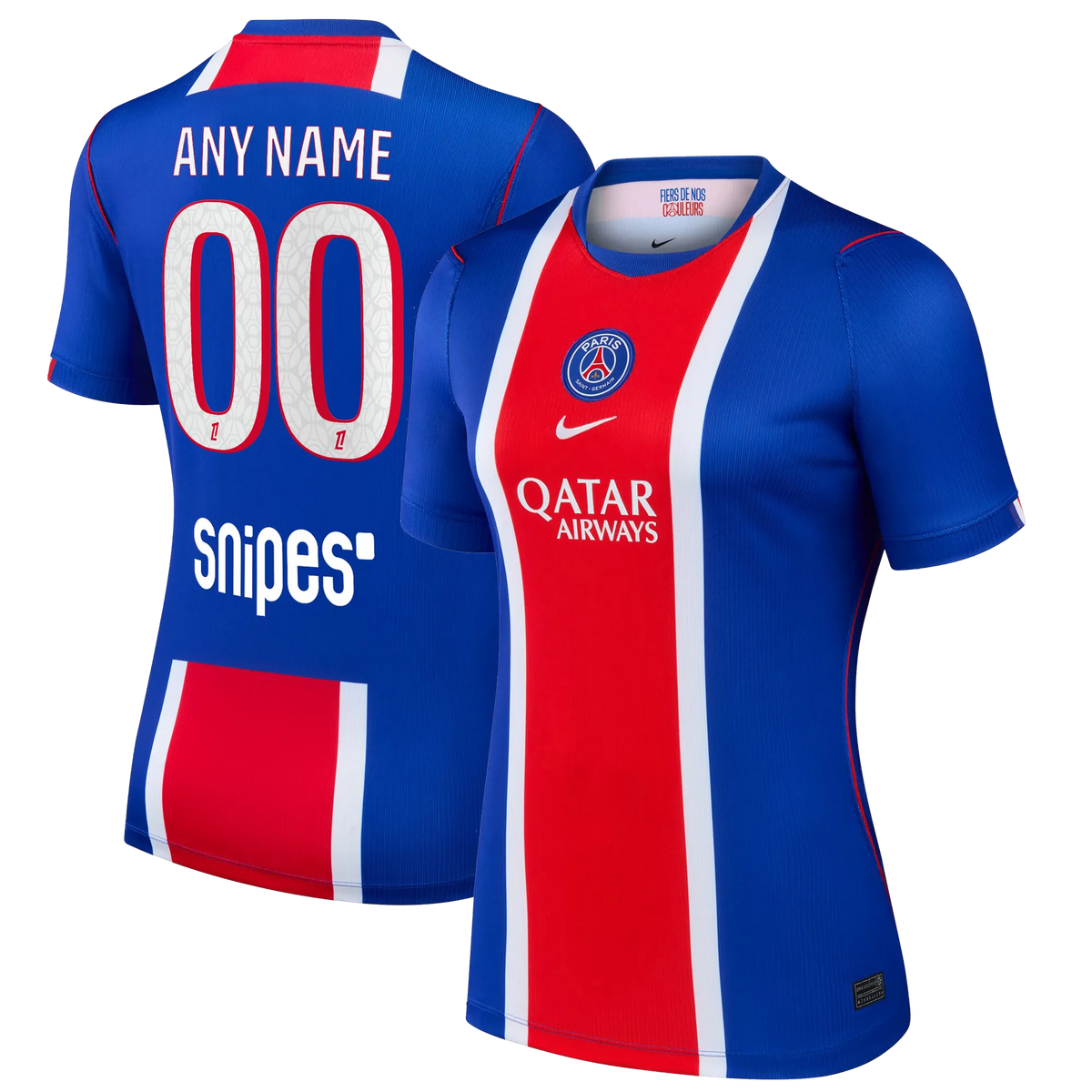 Front and back view of women's Paris Saint-Germain 2026-2027 home blue stadium replica custom jersey by Final Third Kit