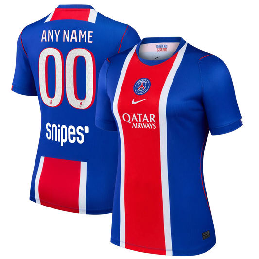 Front and back view of women's Paris Saint-Germain 2026-2027 home blue stadium replica custom jersey by Final Third Kit
