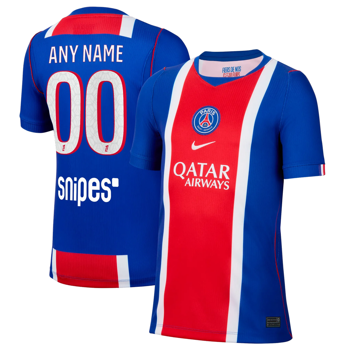 Front and back view of youth Paris Saint-Germain 2026-2027 home blue stadium replica custom jersey by Final Third Kit